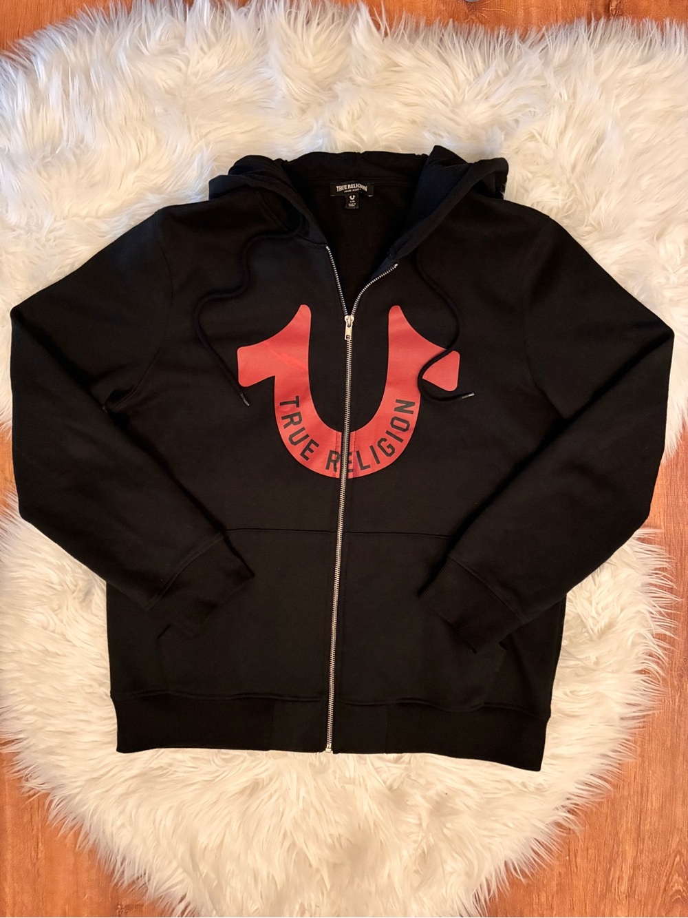 True Religion Mens Big Horseshoe TR Black Red Zip Hoodie Large 107182 *Flaw